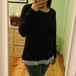 Calvin Klein Navy Sweater w Stripe Underlay,Preppy